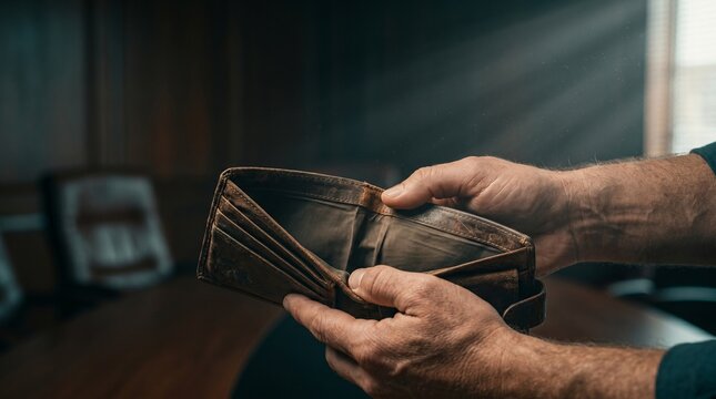 Close up of older man hands opening an empty leather wallet in dark room