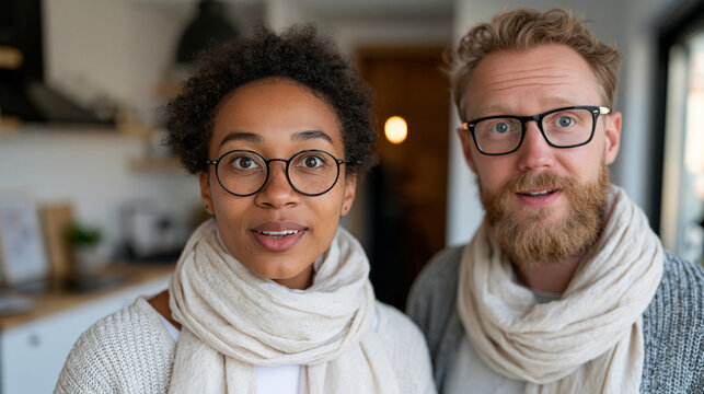Young couple touring a 200-square-foot tiny house model home at a builder showcase, close-up of their faces showing simultaneous amazement and practical hesitation, compact