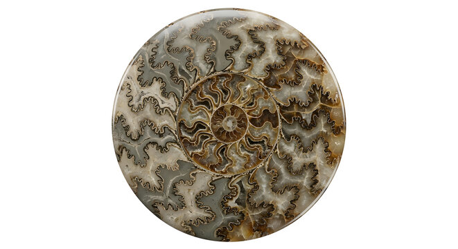 Polished Ammonite Fossil Suture Pattern Cross-Section, suitable for science education, isolated on white background