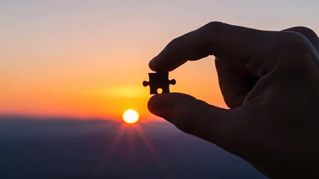 Silhouette of a hand holding a tiny puzzle piece against a vibrant orange sunset, symbolizing solution, completion, or a missing part.