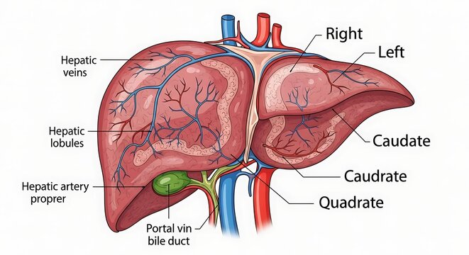 Detailed anatomical diagram of the human liver lobes and vessels.