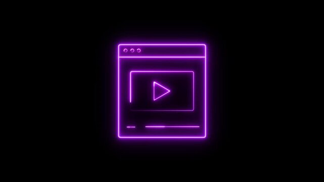 Bright neon online video player interface animation on black background. Professional digital streaming, multimedia technology and web content visualization concept.