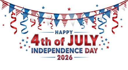 Obraz premium Colorful 4th of July Independence Day celebration banner with fireworks and stars on white background