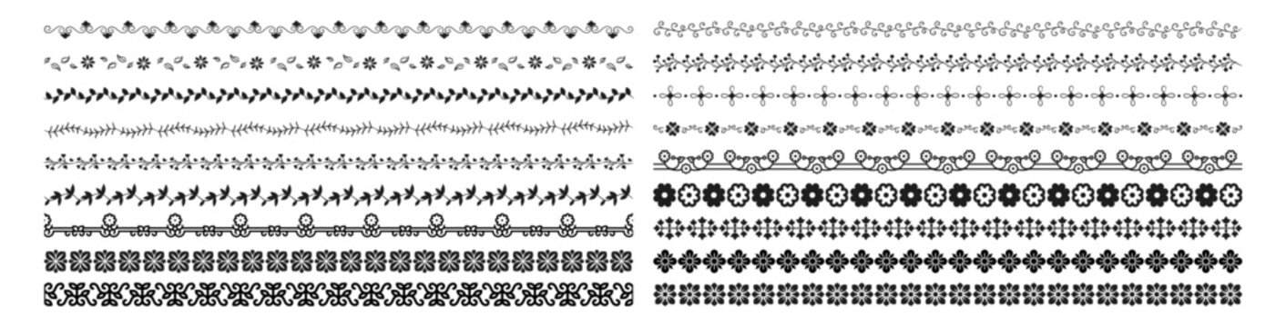 Decorative floral and leaf borders are arranged in horizontal rows. These elegant line elements create stylish ornamental patterns on transparent background.
