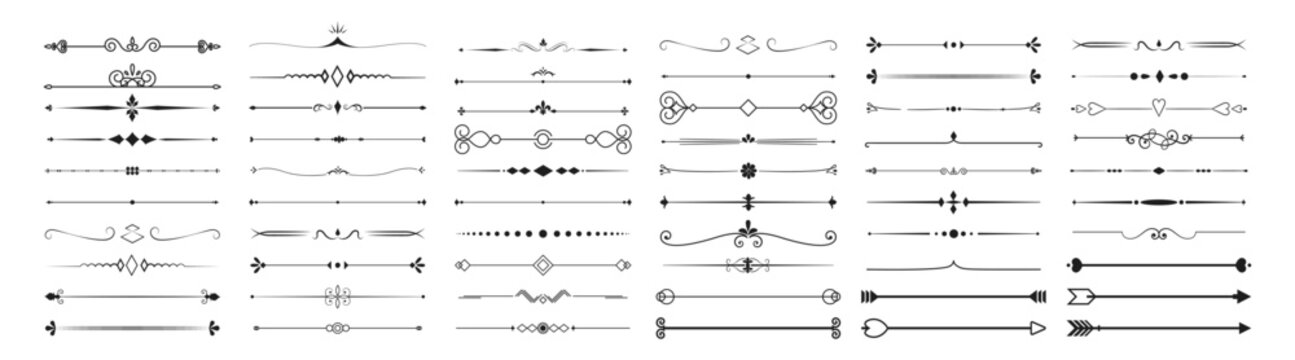 Elegant vintage dividers and ornamental borders with decorative scrolls on transparent background.