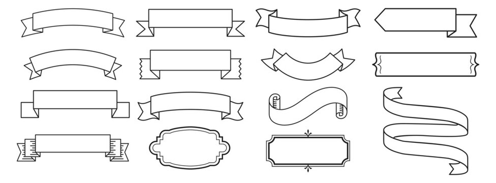 Collection of various ribbon banners in outline style. The ribbons include different shapes and folds on transparent background.