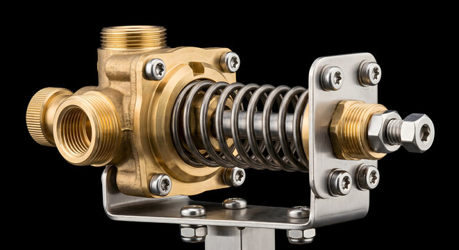 Pressure regulator valve assembly with spring, brass and stainless steel components.