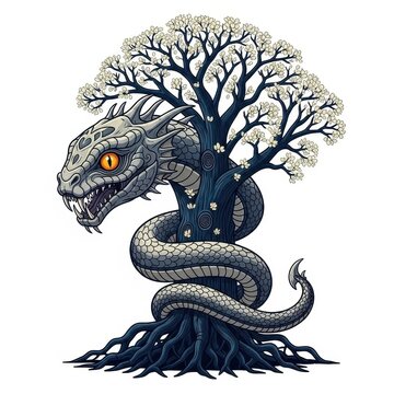 Snake dragon head emerging from tree roots