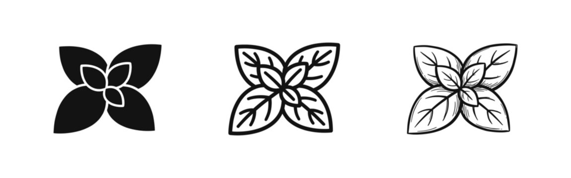 Fresh mint leaves icon set, herbal seasoning and organic plant foliage symbol