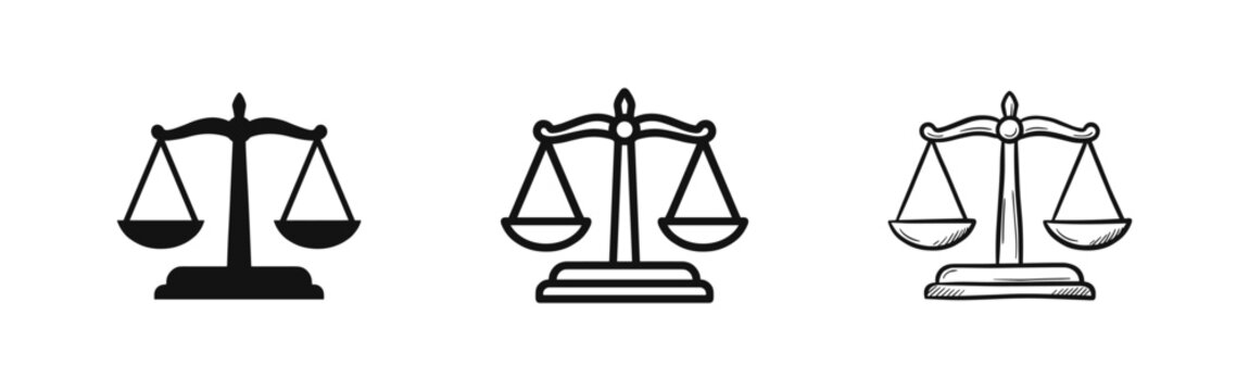 Scales of justice icon set, law and balance measurement symbol