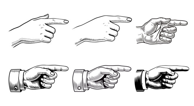 Set of vintage engraved hands pointing fingers above, clenched fists with cuffs below, black-and-white line art. Vector illustration