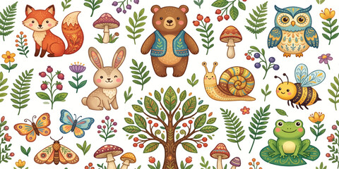 Cute Woodland Forest Animals and Nature Elements Seamless Pattern Featuring Fox Bear Owl Rabbit Frog Bee Butterfly Snail and Floral Illustration © iran