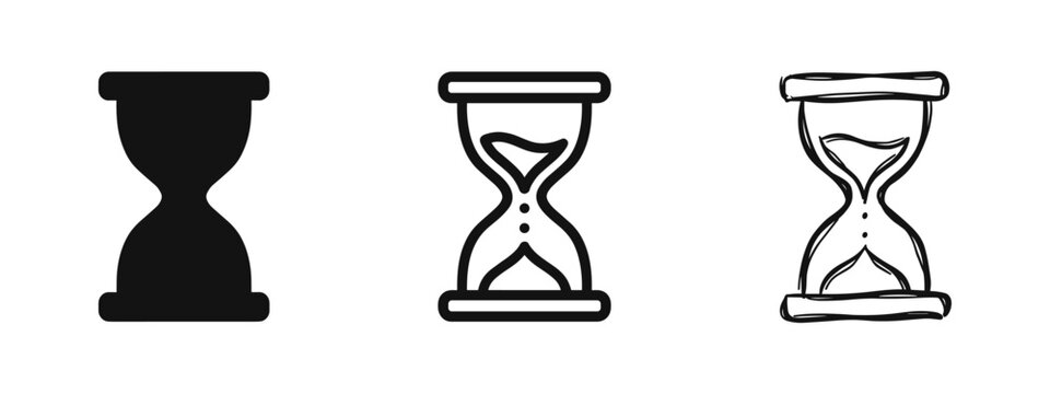 Hourglass Icon Set in Solid, Outline and Hand Drawn Styles for Time Measurement and Deadline Concepts