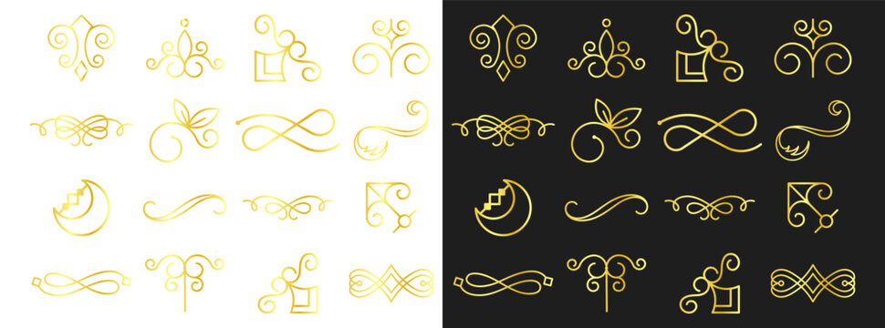 Set of golden elegant ornamental elements with swirls and curves. Decorative borders and accents on transparent background.