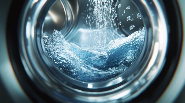 This is a closeup view of a washing machine drum filled with a blue towel and bubbles swirling around