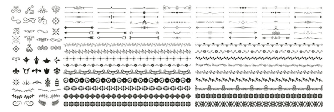 A collection of decorative border and divider elements featuring floral, arrow, and swirl motifs. These ornamental line shapes are displayed on transparent background.
