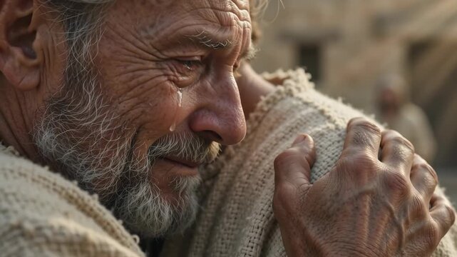 Elderly biblical father with a grey beard crying tears of joy while tenderly embracing his returning prodigal son expressing profound forgiveness unconditional love and spiritual family reconciliation