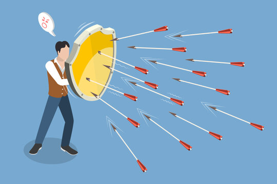 3D Isometric Flat Vector Illustration of Active Defense, Courageous Warrior Shields Himself From Adversities With A Protective Barrier.