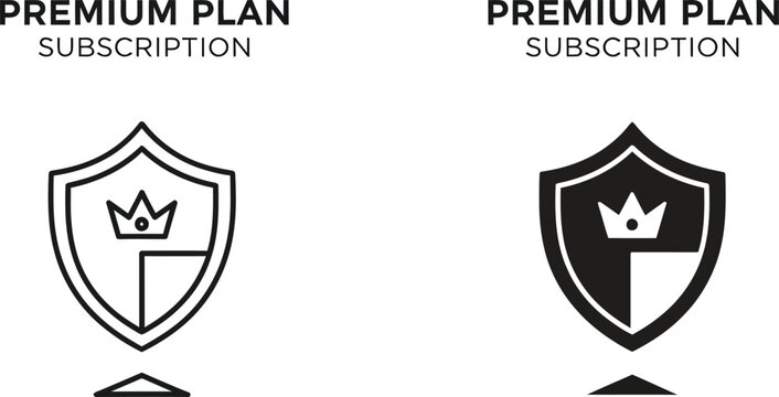 Premium plan subscription icons shield with crown line art and solid versions