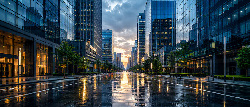 雨上がりのオフィス街と高層ビル群のリフレクション風景