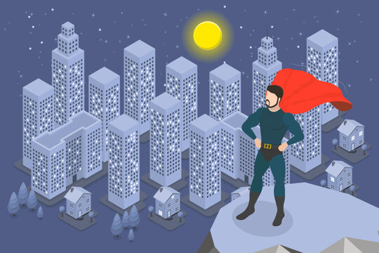3D Isometric Flat Vector Illustration of Superhero, Mighty Superhero Rises Above City During Stormy Night With Flashing Lightning Skies.
