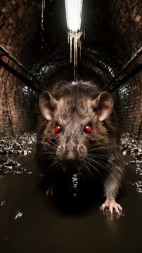 Giant Rat with Glowing Red Eyes in Dark Tunnel.