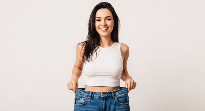 Happy young woman smiling proudly holding out oversized jeans to showcase weight loss or clothing fit achievement in a bright minimal studio setting