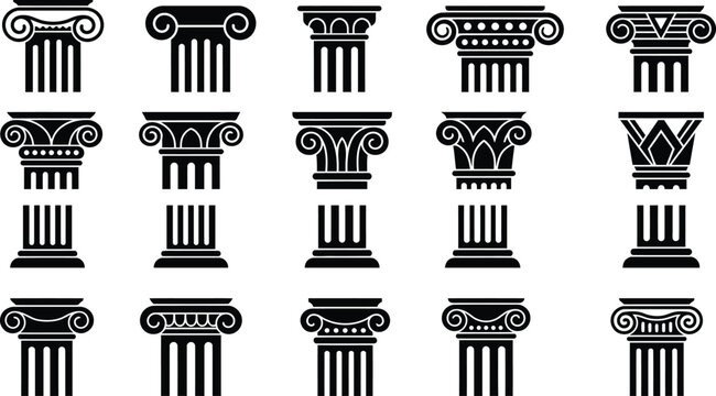 Column Temple Capital Icon Set with Black Silhouettes, Decorative Scrollwork and Classical Architectural Details