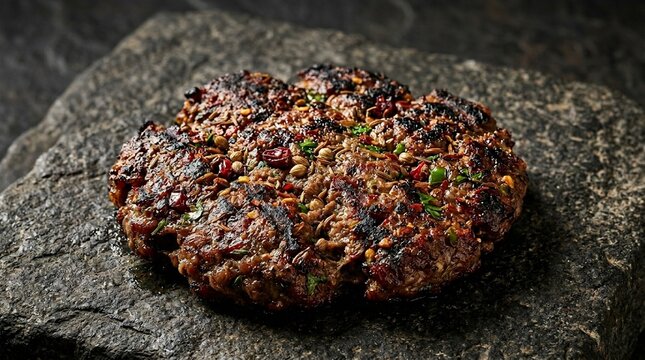 Chapli Kebab Flat Spiced Patty Charcoal | Pakistani Minced Meat Kebab Close-Up | Pakistani Food Commercial Photography