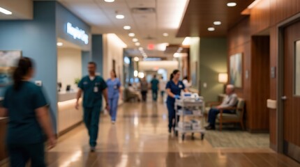 Fototapeta premium Blurred hospital hallway medical staff doctors nurses healthcare clinic corridor interior patient care facility professional atmosphere