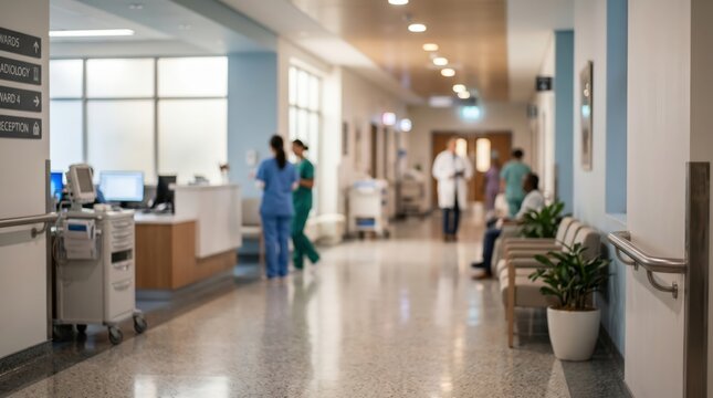 Modern hospital corridor blurred background medical healthcare clinic hallway surgery center interior nursing care professional staff reception area