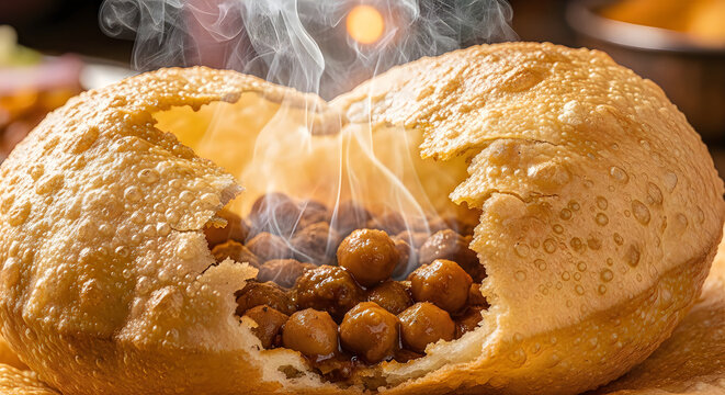 Steaming hot gol gappas with spicy chana filling