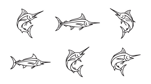 Set of hand-drawn swordfish illustrations featuring different poses and swimming movements in outline style swordfish wildlife illustration monochrome isolated swimming predator underwater
