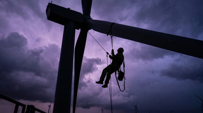 Silhouette of worker on power line, industrial scene, dramatic stormy sky, worker climbing