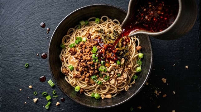 Dan Dan Mian Sichuan Sesame Noodle | Chili Oil Minced Pork Pouring Sauce | Chinese Food Commercial Photography