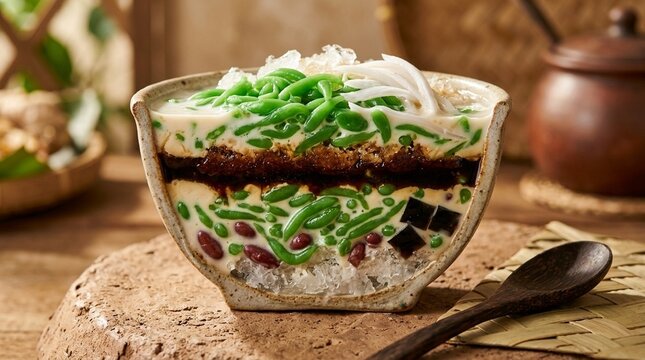 Es Cendol Indonesian Coconut Dessert | Green Jelly Coconut Milk Palm Sugar Layers | Indonesian Dessert Commercial Photography