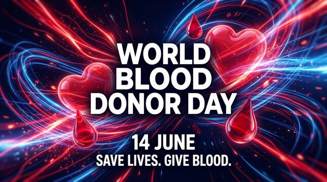 World blood donor day poster with red and blue abstract background and text