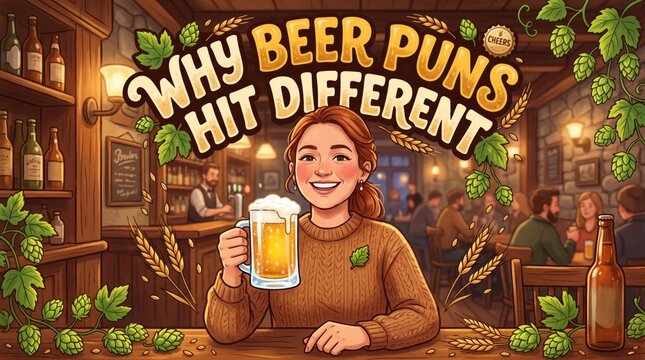 Why Beer Puns Hit Different typography illustration. Cute cartoon woman holding a mug of beer in a cozy pub background.