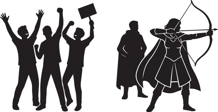 Set of people silhouettes including cheering protesters holding a sign and fantasy characters with an archer aiming a bow isolated on a white background