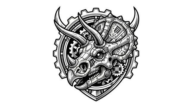 Steampunk Triceratops Skull with Gears and Horns Detailed Illustration.