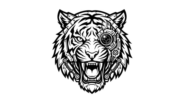 Tiger head with robotic eye and mechanical parts illustration.