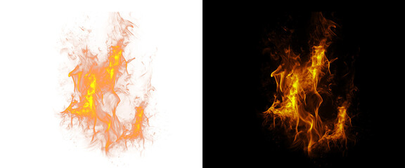 Fototapeta premium Realistic fire flame burst on black and white background, glowing orange campfire sparks, intense heat and combustion effect for compositing