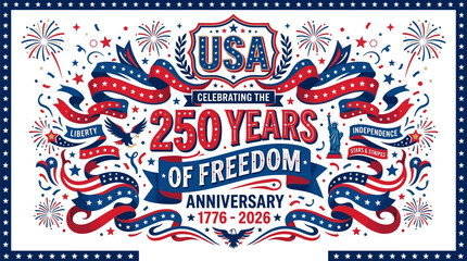 USA celebrating 250 years of freedom anniversary from 1776 to 2026 with patriotic design elements © Afia