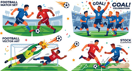 Cartoon football players in various actions on green soccer field with stadium  sports vector illustration set © Afia