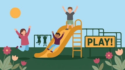 Happy children playing on a vibrant playground with slide and monkey bars © IsoMatrix