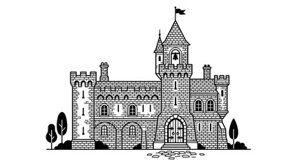 Grand medieval castle and fortress line art. © erna