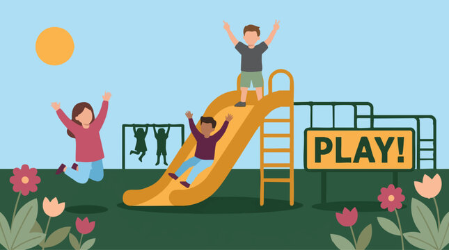 Happy children playing on a vibrant playground with slide and monkey bars