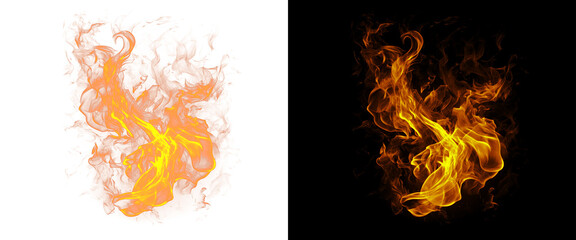 Fototapeta premium Dynamic fire flame isolated on black and white backgrounds, realistic orange fire sparks and smoke, burning heat element for design