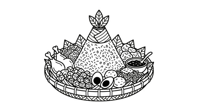 Indonesian ceremonial Tumpeng rice cone line art illustration.