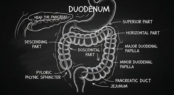 Detailed anatomical diagram of the duodenum structure.